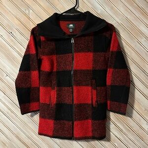 Roots Sherpa Red & Black Plaid Kids Pea Coat Full Zipper Pockets Collar